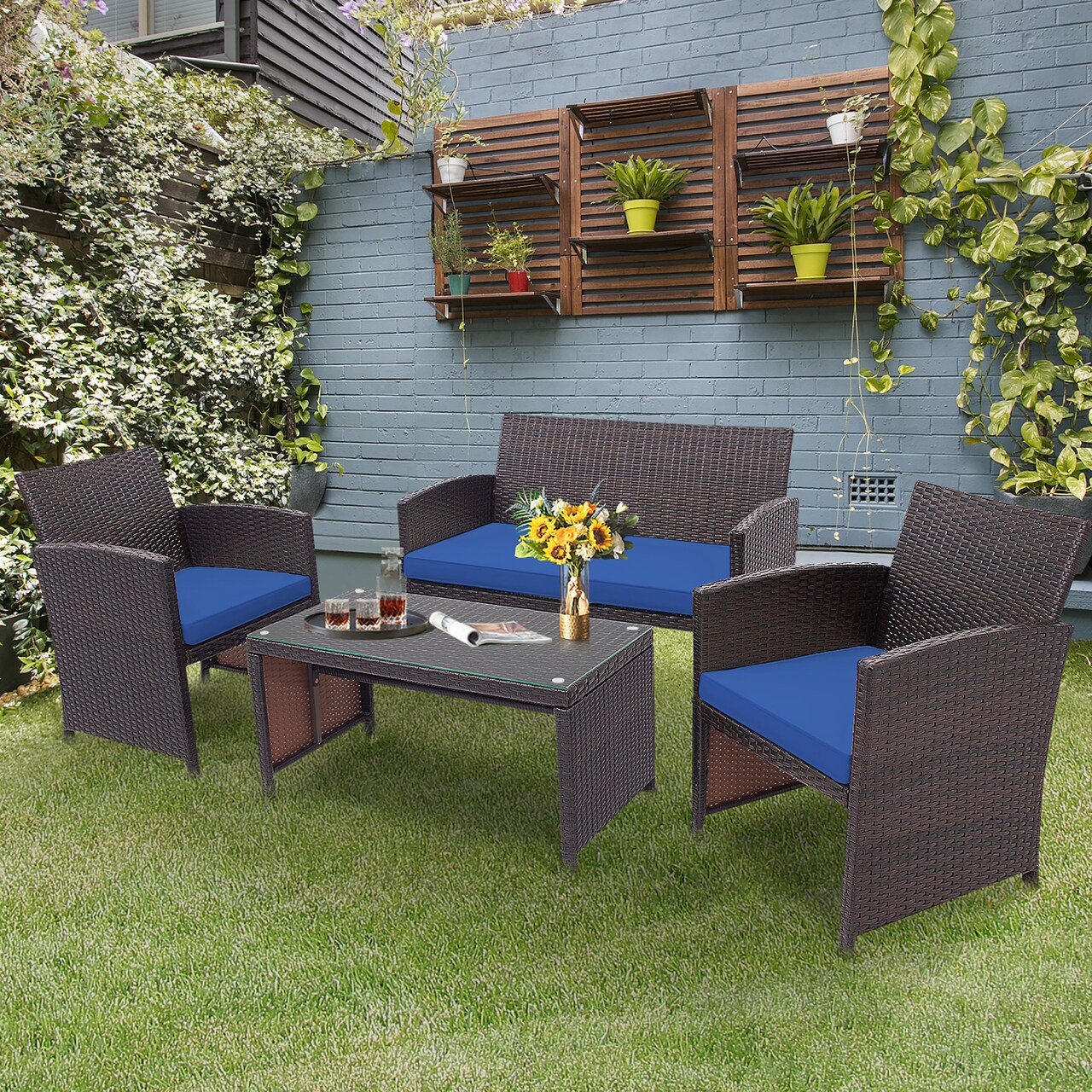 Costway 4PCS Patio Rattan Furniture Set Cushioned Chair Sofa Coffee Table White/Navy/Turquoise/Red
